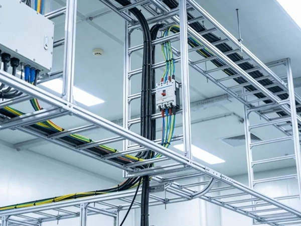 Aluminum alloy cable ladder with organized wiring in an industrial facility