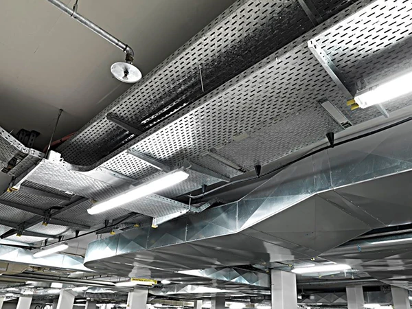 Cable tray suspended in an underground parking lot