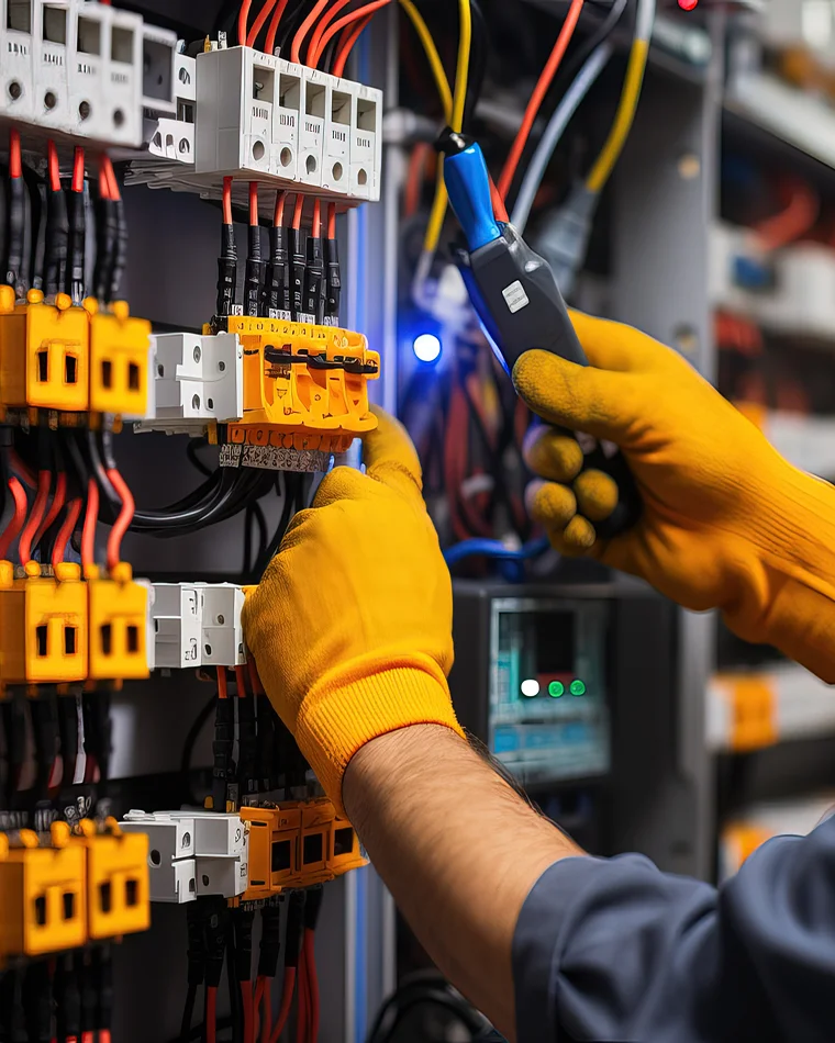 Electrician inspecting a fuse box