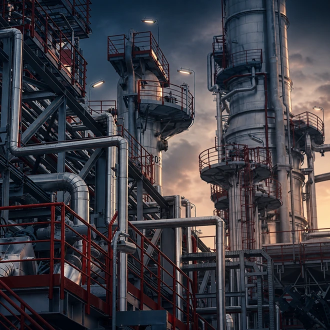 Close-up of a refinery facility
