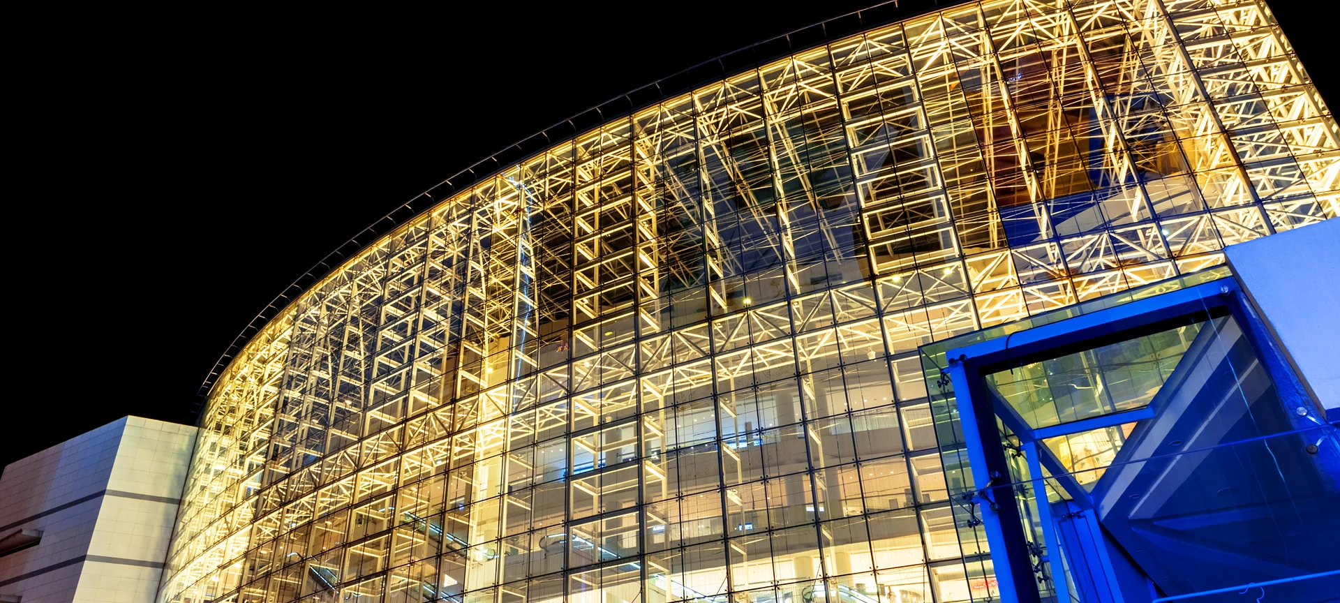 Office building brightly illuminated at night