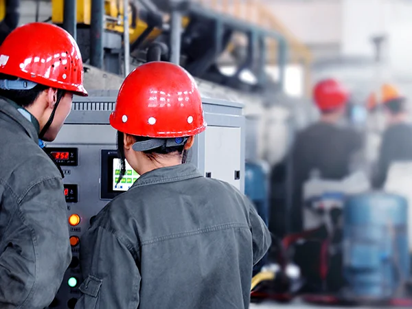 Worker wearing a safety helmet operating electrical equipment