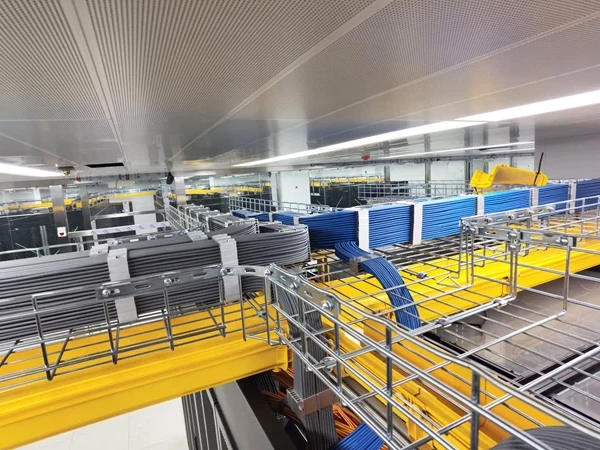 Suspended fiber cable trays and wire mesh cable trays