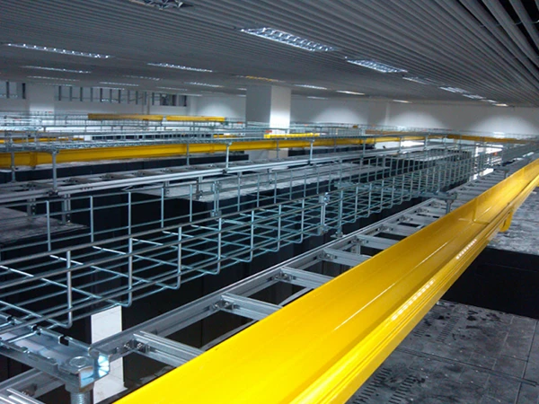 Close-up of a fiber cable tray installed on site